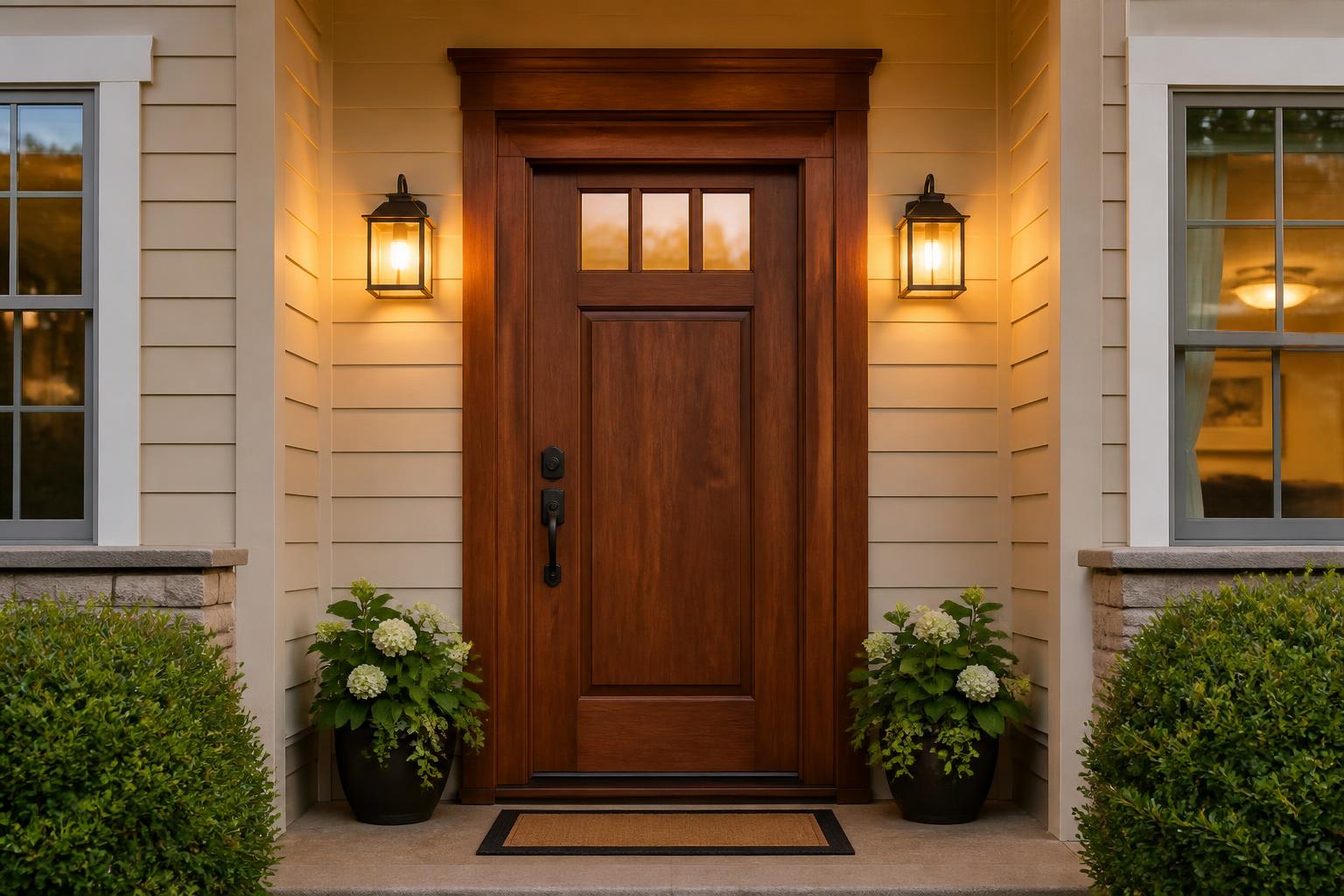 Custom built walnut entry door with matching stained trim