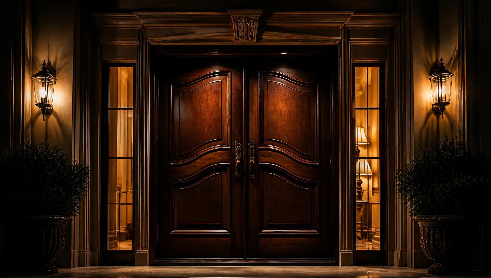 Custom mahogany double front doors glowing with warm interior light at night