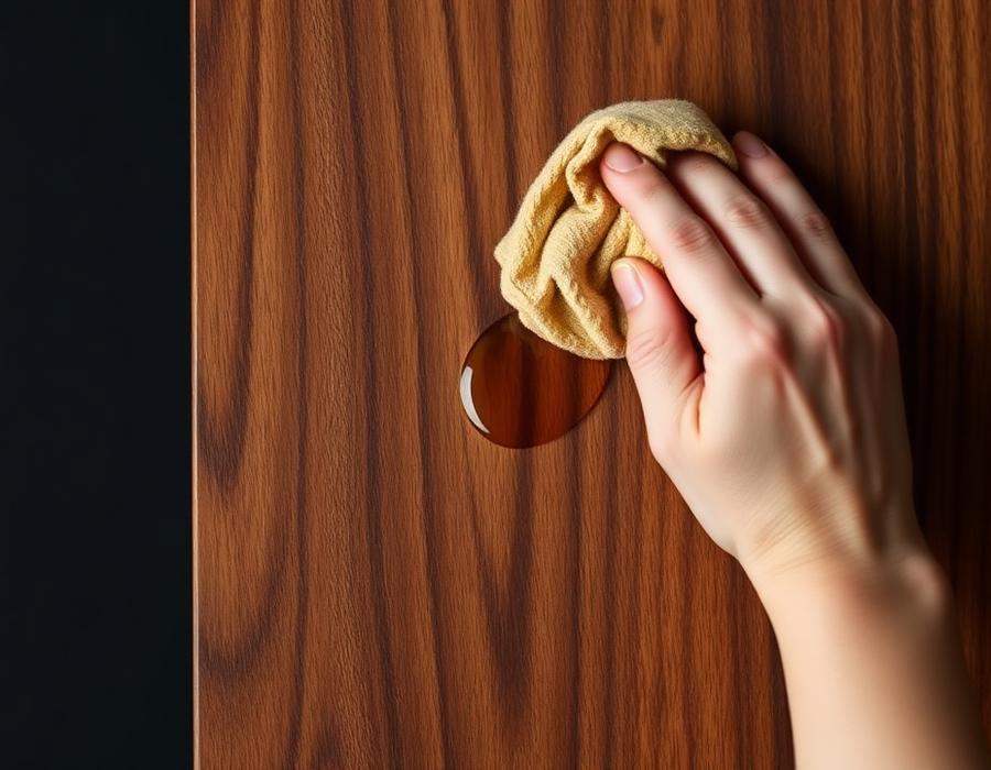 Hand applying oil finish to a walnut panel
