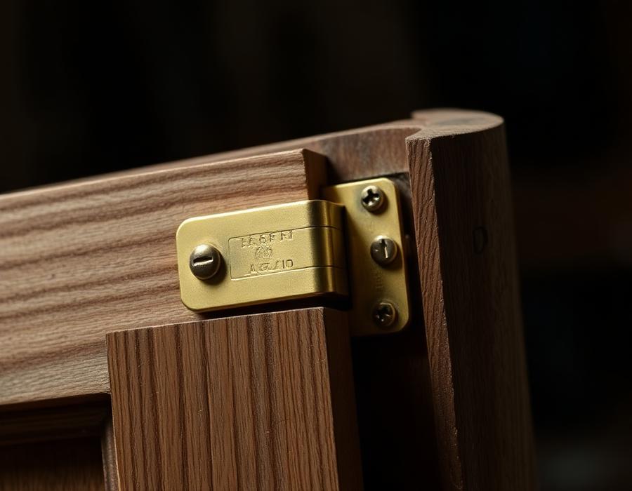 Brass hinge mortised into a door edge