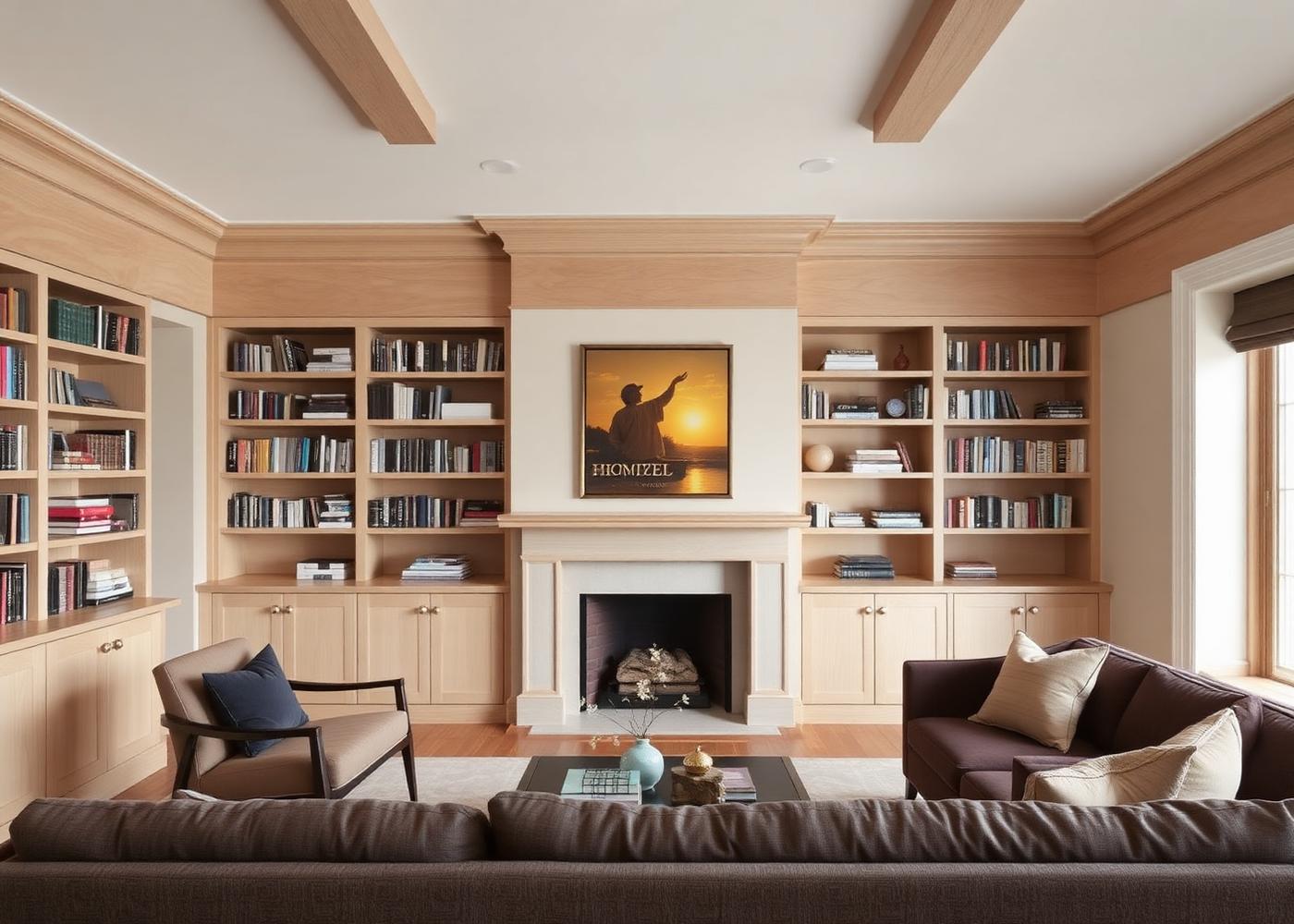 Built-in white oak shelving