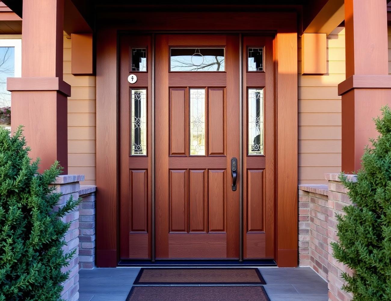 Stained oak craftsman front door with glass lites on a bungalow